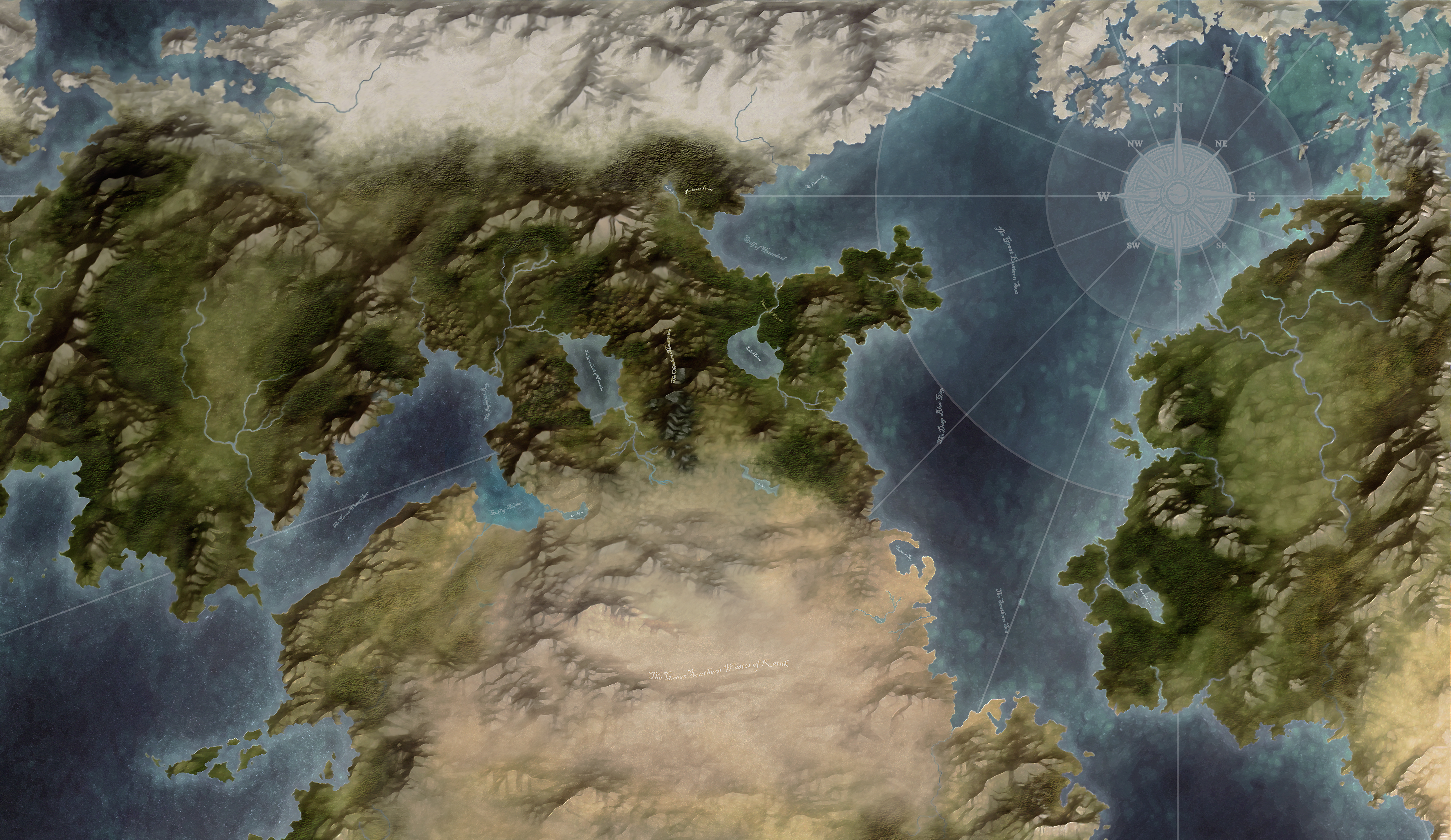 Map of Aedar, showing its continents, mountain ranges, rivers, and seas